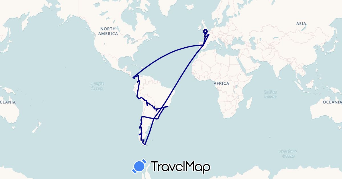 TravelMap itinerary: driving in Argentina, Bolivia, Brazil, Chile, Colombia, Spain, France, Panama, Peru, Paraguay, Uruguay (Europe, North America, South America)